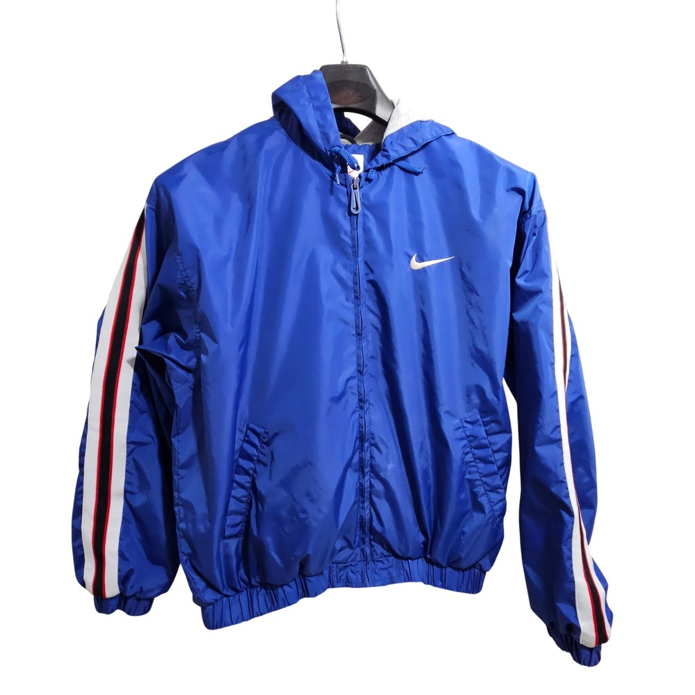 Nike Vintage Windbreaker Large Blue Hooded Racing Stripe Full Zip Jacket *